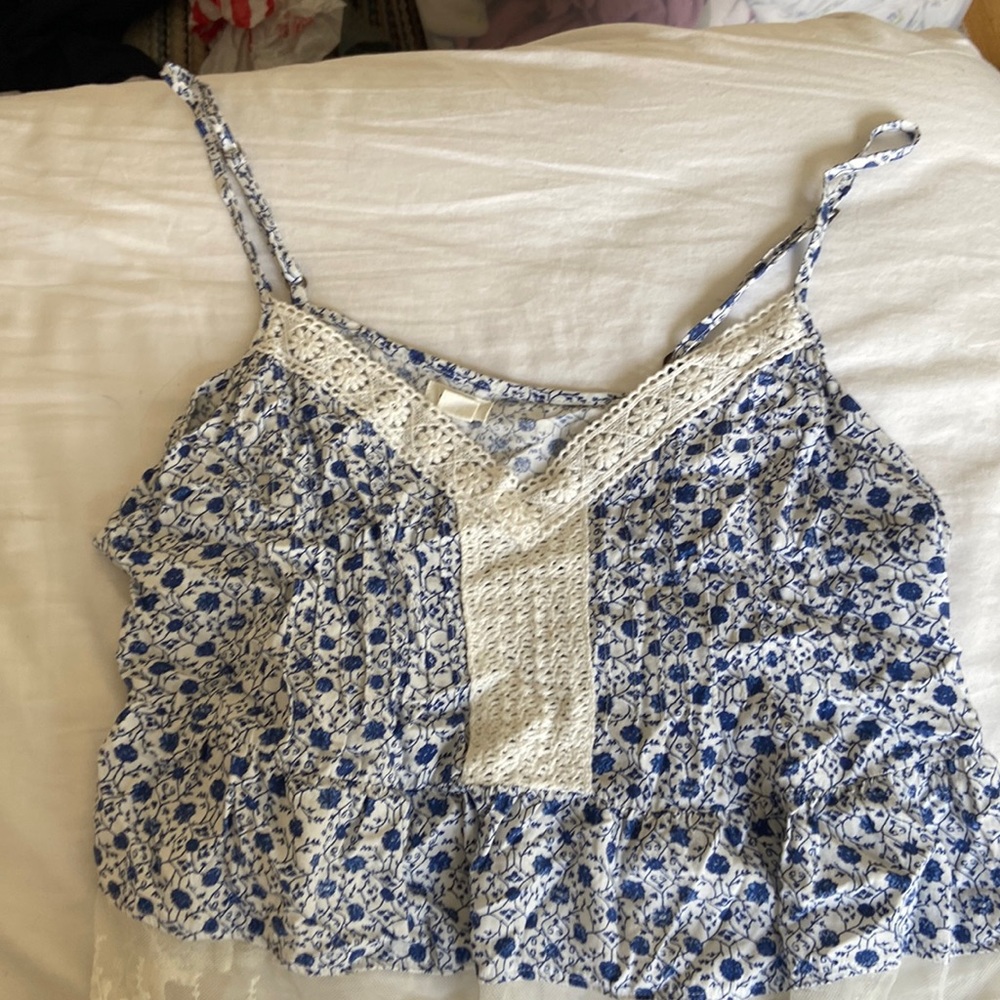 Floral white and blue garage tank